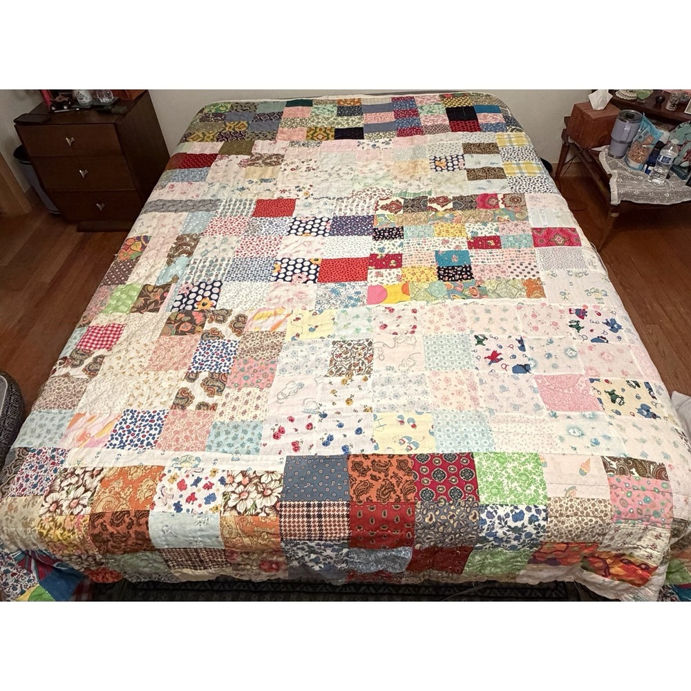 Vintage Handmade Patchwork Scrap Quilt King Size 121x84 Heavyweight